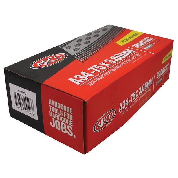 Airco Framing Nails 34 Degree 75x3.1mm, EG, Short Strip (Box QTY; 3,000)