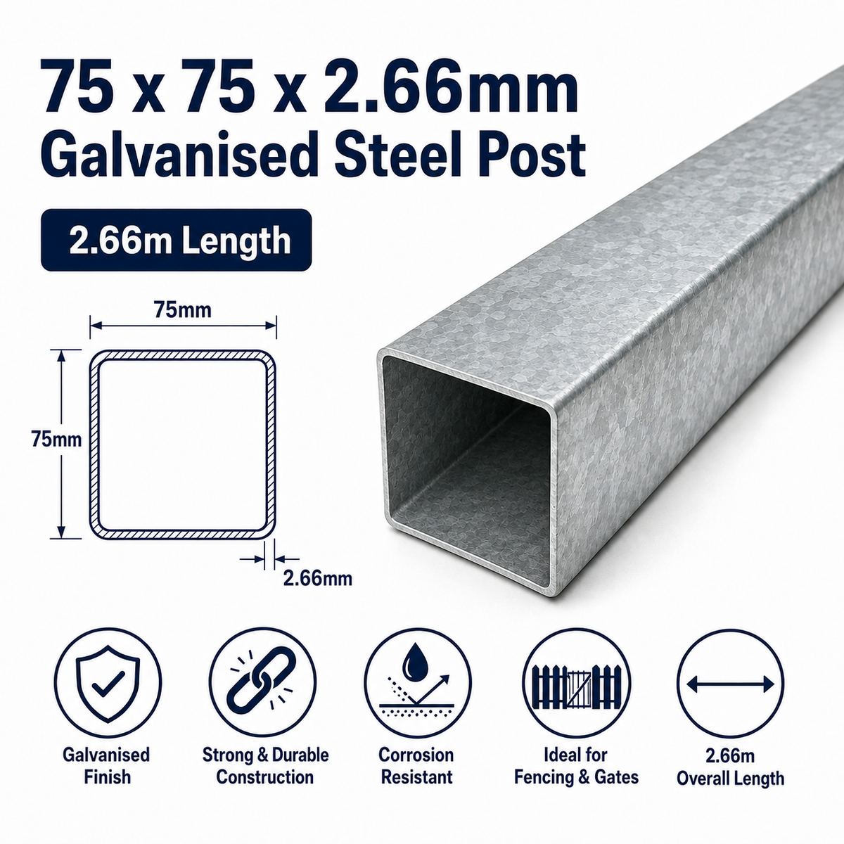 75x75x2.66 GAL steel post with cap